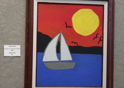 Ships Ahoy - Acrylic on canvas in frame has a white and grey sail boat in front of a red sunset with flying birds.