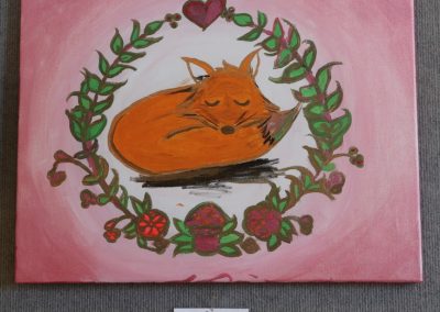 Foxy - acrylic on canvas a wreath of green foliage and red flowers circles around a sleeping orange fox the background is a light pink.