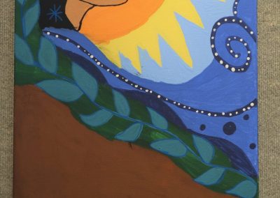 Sleeping Beauty - Acrylic on canvas shows an abstract environment with a woman's face, sun, water, and foliage.