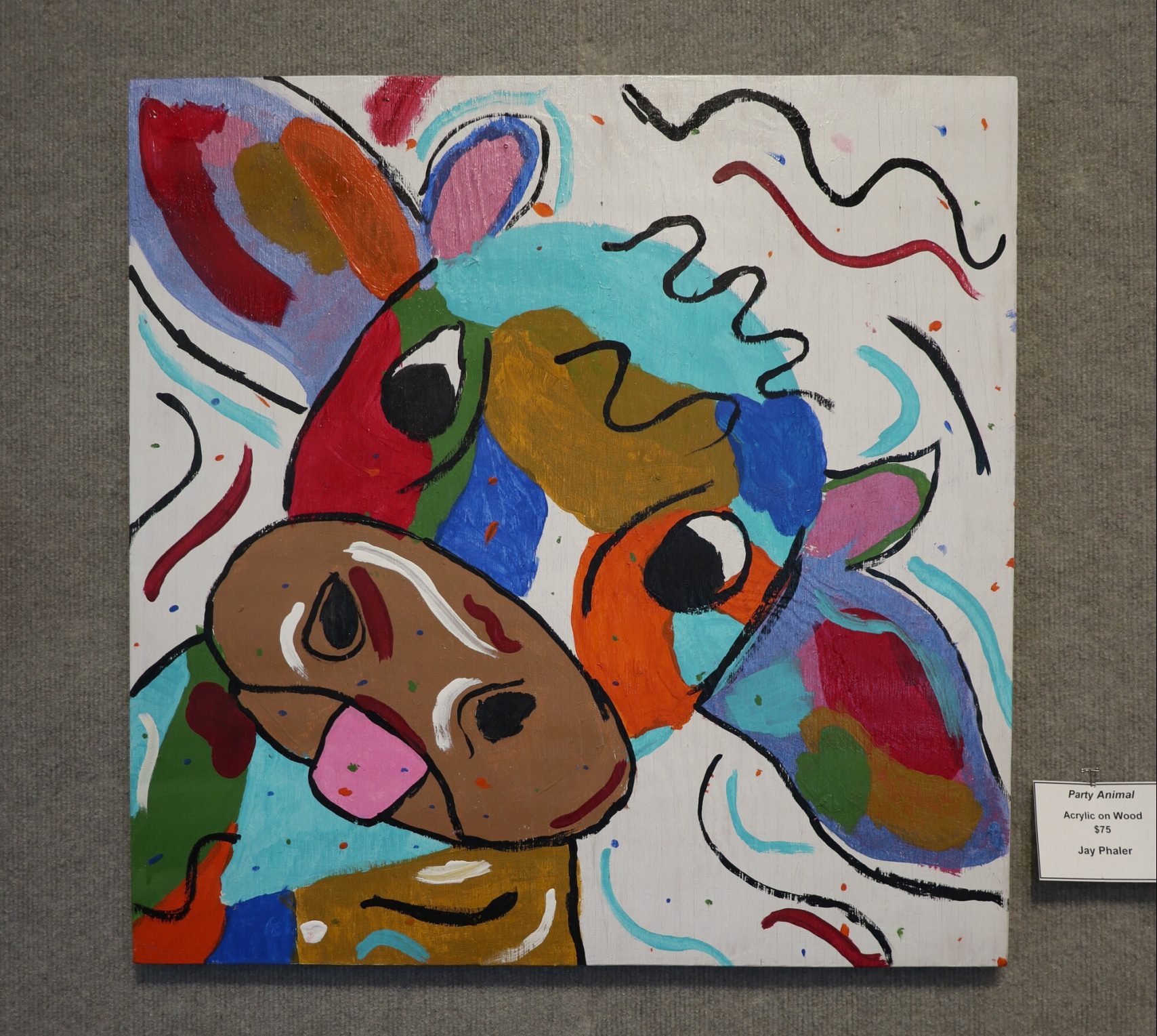 Party Animal - acrylic on wood uses abstract lines and colors to create a fun and colorful cow sticking out its tongue.